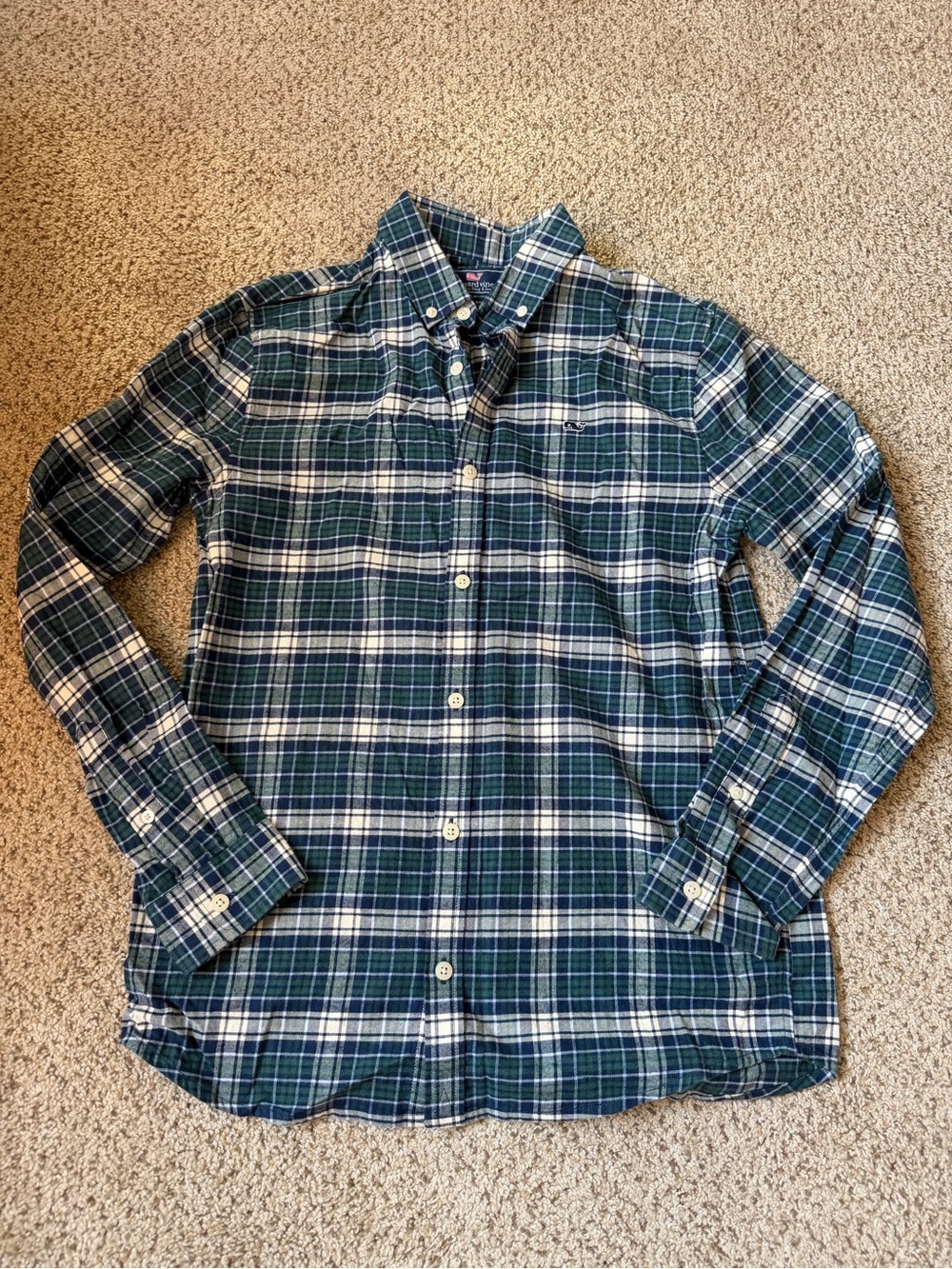 Vineyard Vines Whale Shirt Plaid Flannel Large 16 Blue Green White